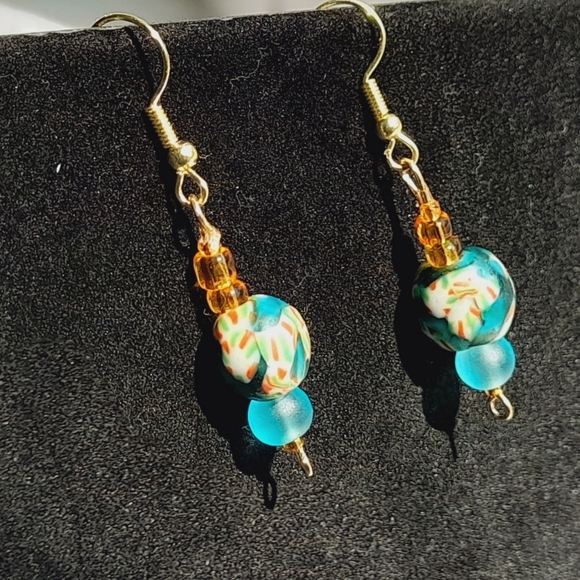 Sea Blue multicolored Recycled African Bead Earrings - Picture 2 of 3